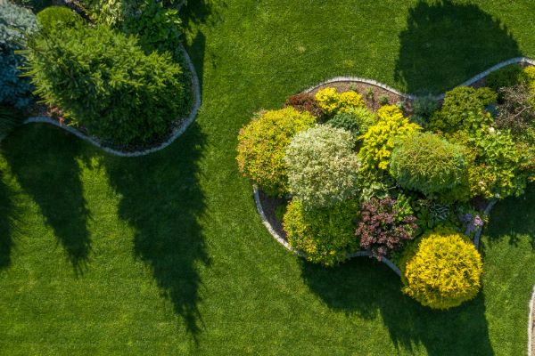 Ariel garden view of newly installed gardens by Custom Exterior Landscape in Farmington, CT