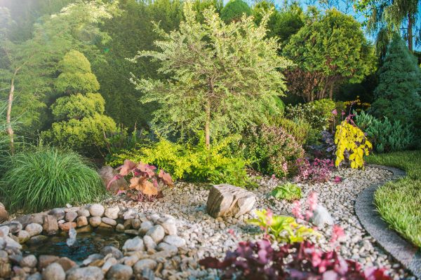 Rock garden with fountain and ornamental trees in Newington, By Custom Exterior landscape.