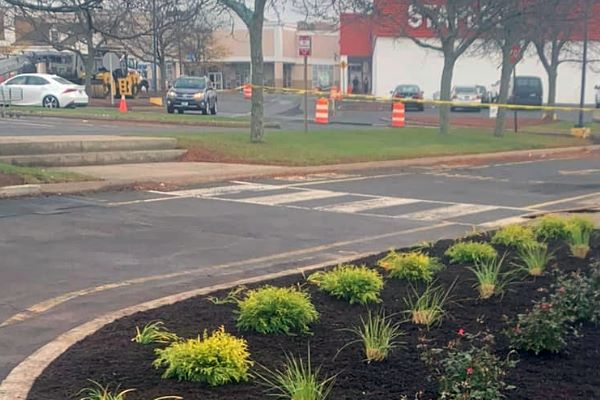 new black mulch and garden outside commercial plaza