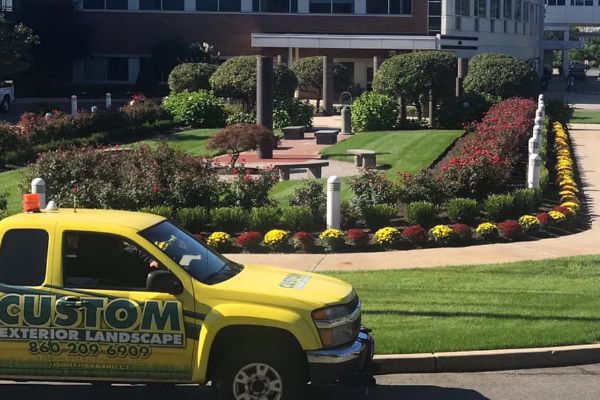 Spring flowers blooming from recent entrance landscaping upgrade in Hartford