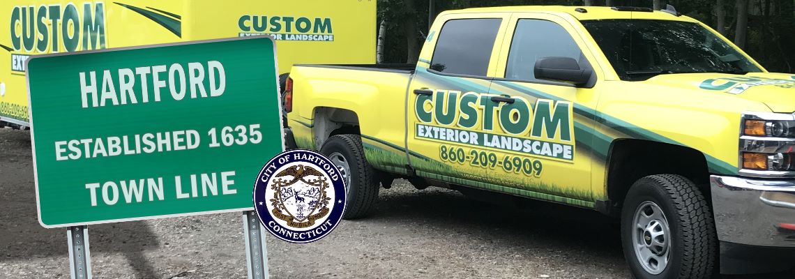 Custom Exterior Landscape Truck and Trailer with the welcome to the City of Hartford sign and the Hartford CT seal