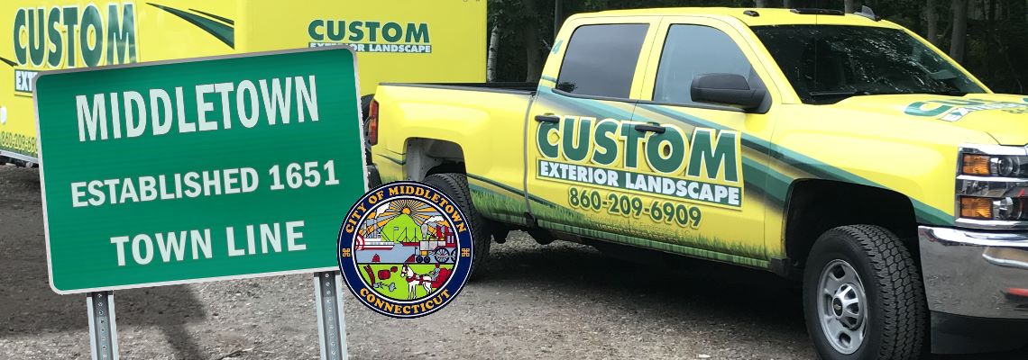 Custom Exterior Landscape Truck and Trailer with the welcome to Middletown sign and the Middletown CT seal